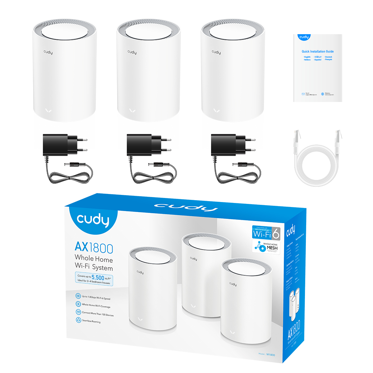 CUDY MESH  WIFI 6  AX 1800 PUERTOS GIGABIT  (3 PACK) M1800
